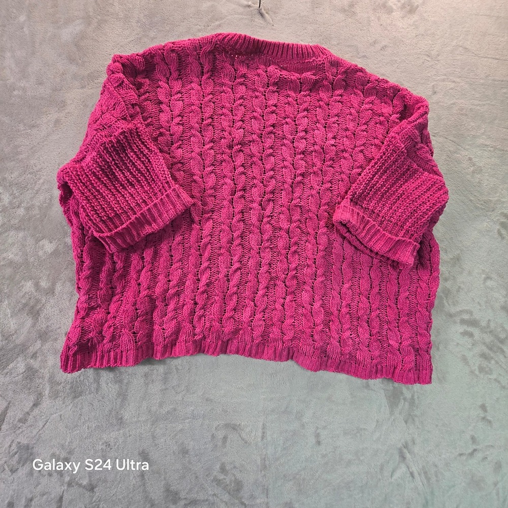 Umgee USA Magenta Pink Cable Knit Oversized Short Sleeve Sweater A4781 Small